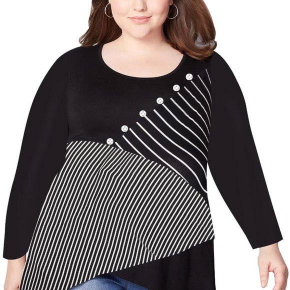Black Asymmetric Shark Bite Striped Plus Size Top - Picture 1 of 5